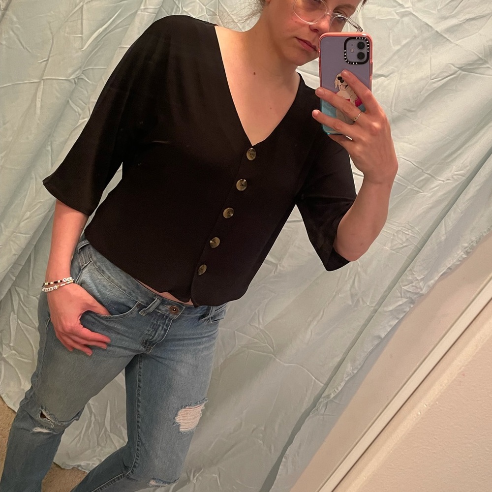 Black button sleeve blouse